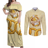 Oktoberfest Couples Matching Off Shoulder Maxi Dress and Long Sleeve Button Shirt with Beer Bottle and Pretzel Illustration Beige Diamond - Wonder Print Shop