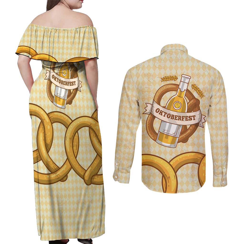 Oktoberfest Couples Matching Off Shoulder Maxi Dress and Long Sleeve Button Shirt with Beer Bottle and Pretzel Illustration Beige Diamond - Wonder Print Shop