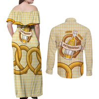 Oktoberfest Couples Matching Off Shoulder Maxi Dress and Long Sleeve Button Shirt with Beer Bottle and Pretzel Illustration Beige Diamond - Wonder Print Shop