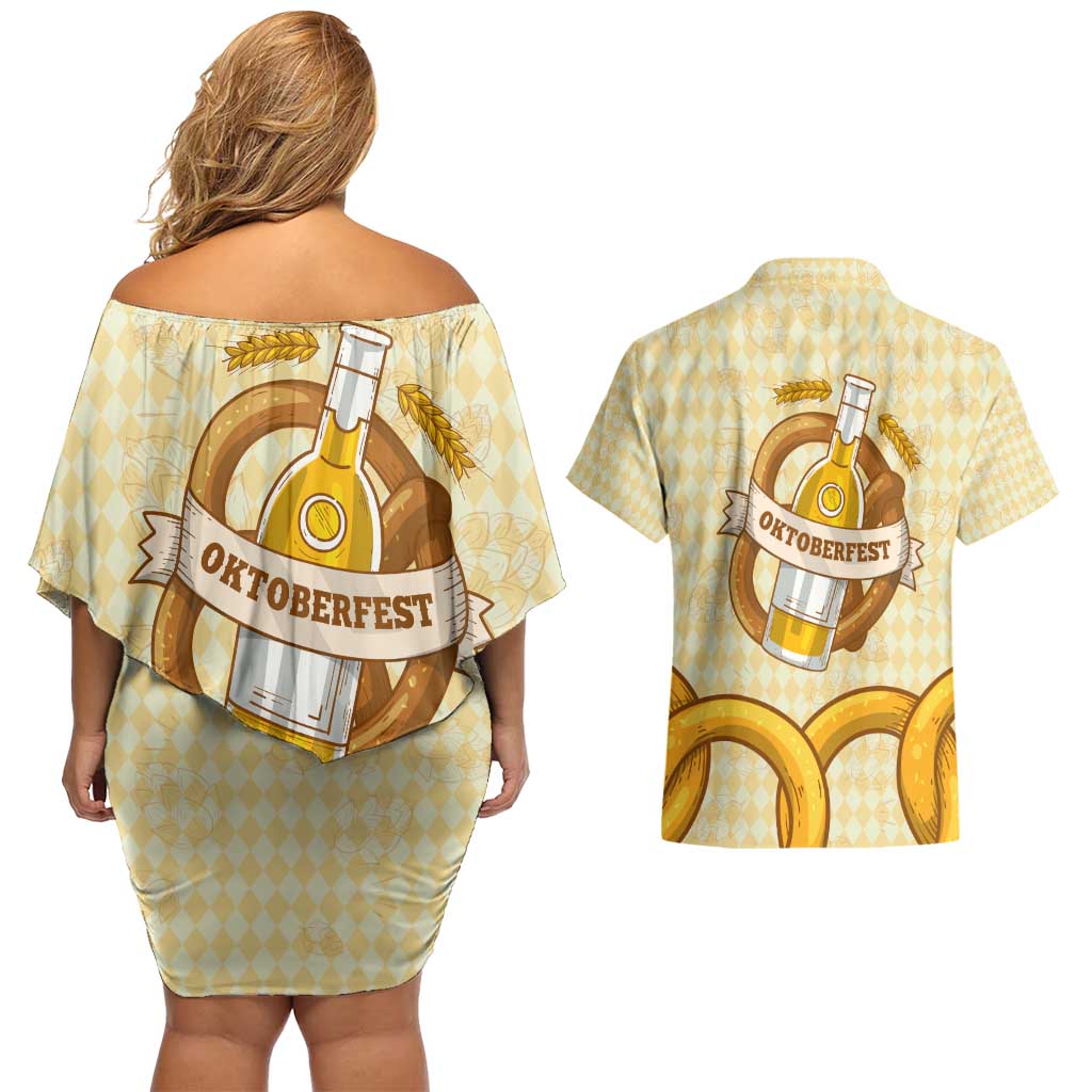 Oktoberfest Couples Matching Off Shoulder Short Dress and Hawaiian Shirt with Beer Bottle and Pretzel Illustration Beige Diamond - Wonder Print Shop