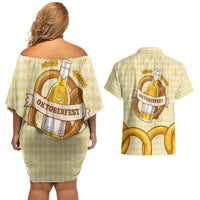 Oktoberfest Couples Matching Off Shoulder Short Dress and Hawaiian Shirt with Beer Bottle and Pretzel Illustration Beige Diamond - Wonder Print Shop