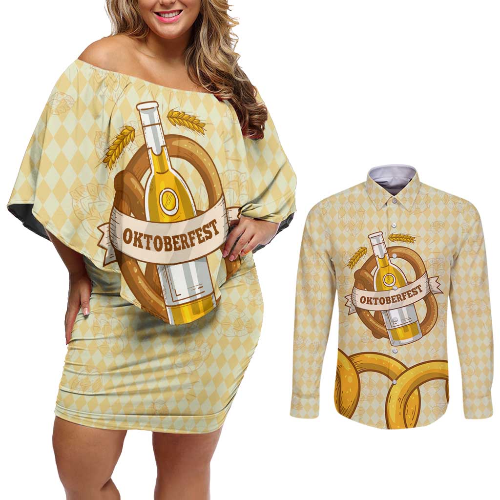 Oktoberfest Couples Matching Off Shoulder Short Dress and Long Sleeve Button Shirt with Beer Bottle and Pretzel Illustration Beige Diamond - Wonder Print Shop