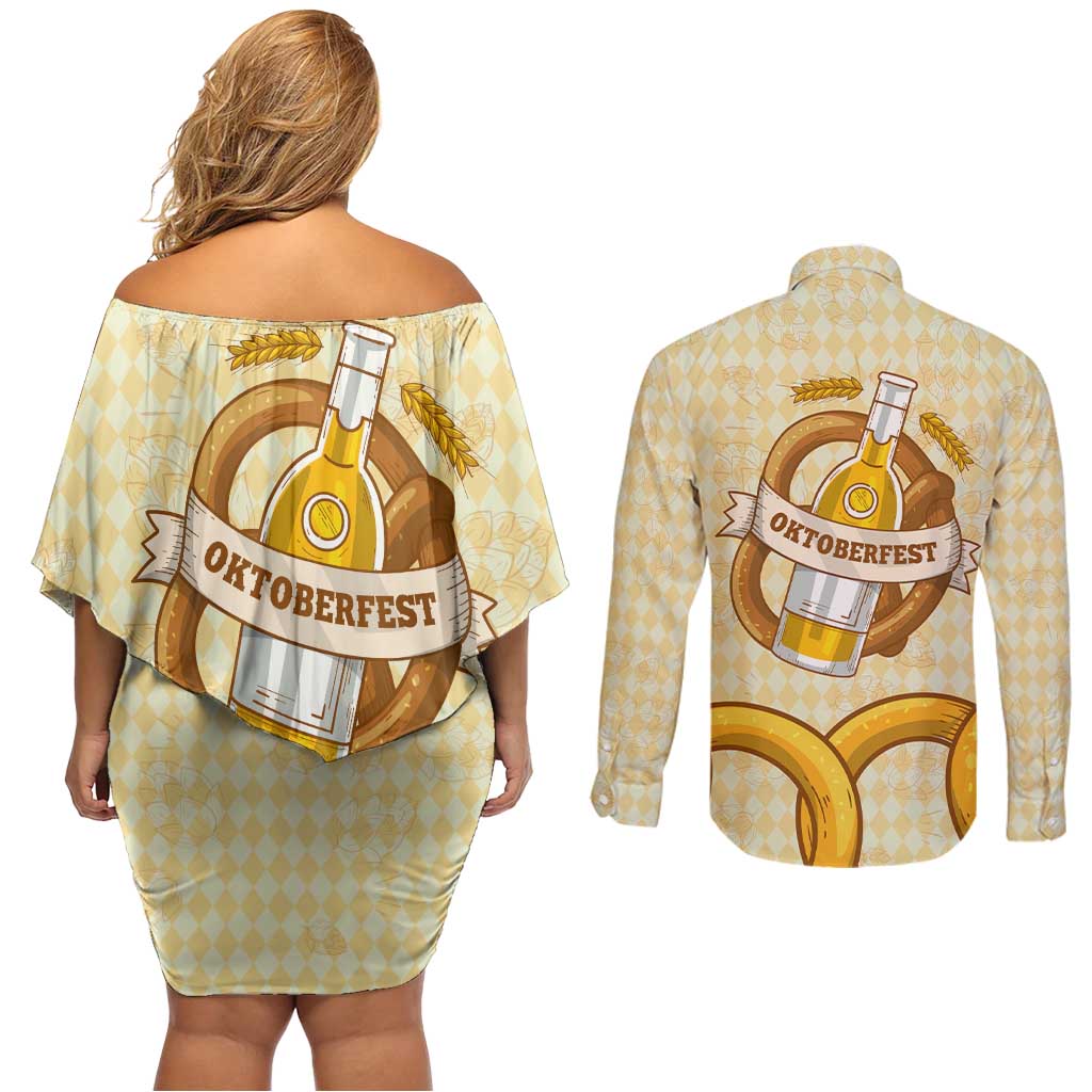 Oktoberfest Couples Matching Off Shoulder Short Dress and Long Sleeve Button Shirt with Beer Bottle and Pretzel Illustration Beige Diamond - Wonder Print Shop