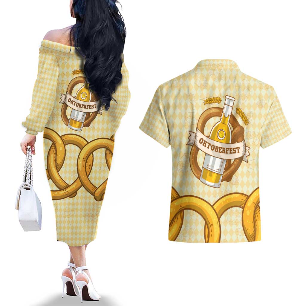 Oktoberfest Couples Matching Off The Shoulder Long Sleeve Dress and Hawaiian Shirt with Beer Bottle and Pretzel Illustration Beige Diamond - Wonder Print Shop