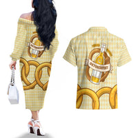 Oktoberfest Couples Matching Off The Shoulder Long Sleeve Dress and Hawaiian Shirt with Beer Bottle and Pretzel Illustration Beige Diamond - Wonder Print Shop