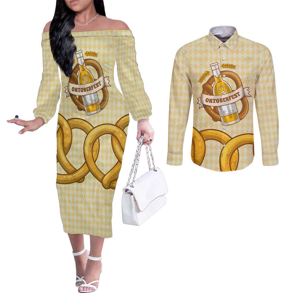 Oktoberfest Couples Matching Off The Shoulder Long Sleeve Dress and Long Sleeve Button Shirt with Beer Bottle and Pretzel Illustration Beige Diamond - Wonder Print Shop
