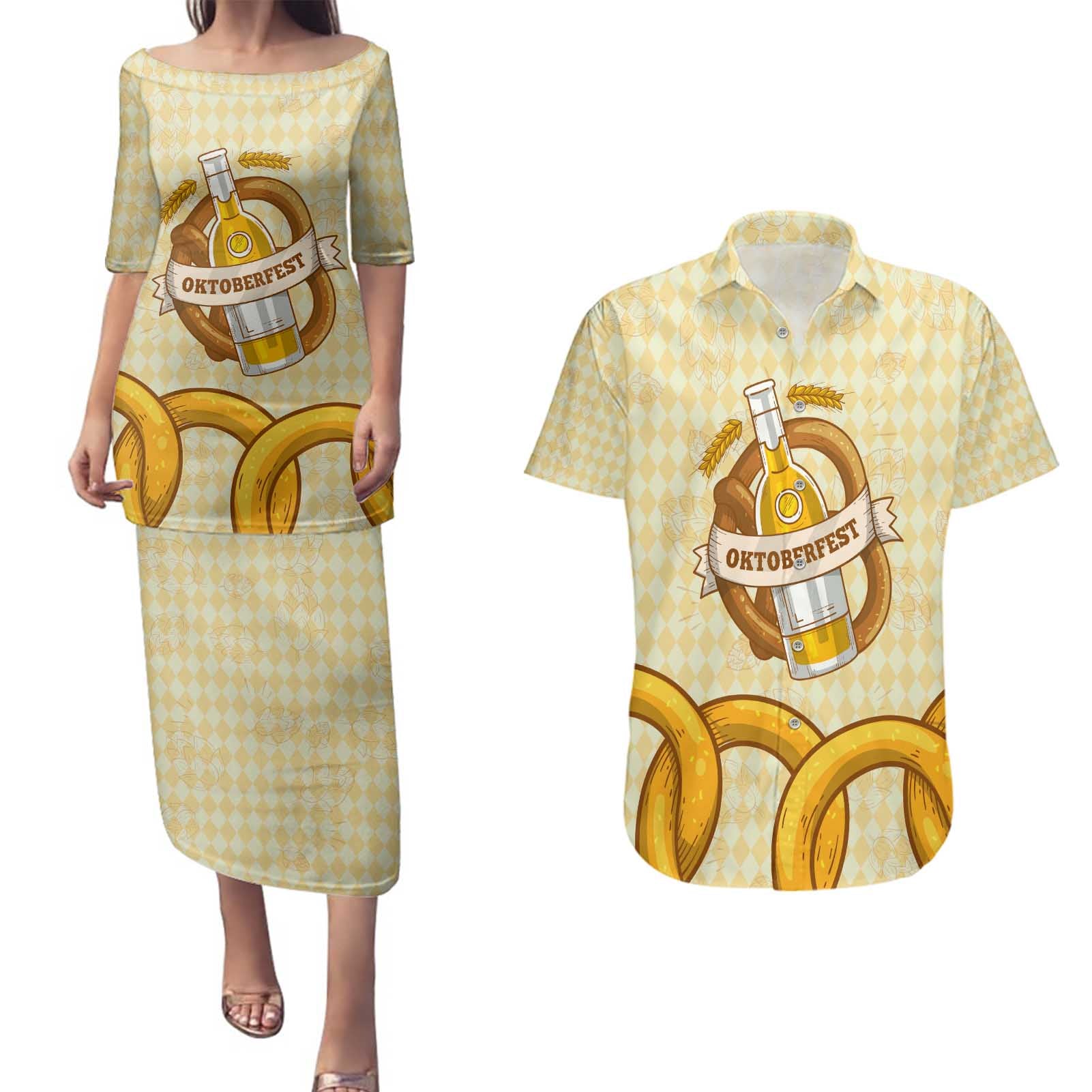 Oktoberfest Couples Matching Puletasi and Hawaiian Shirt with Beer Bottle and Pretzel Illustration Beige Diamond - Wonder Print Shop