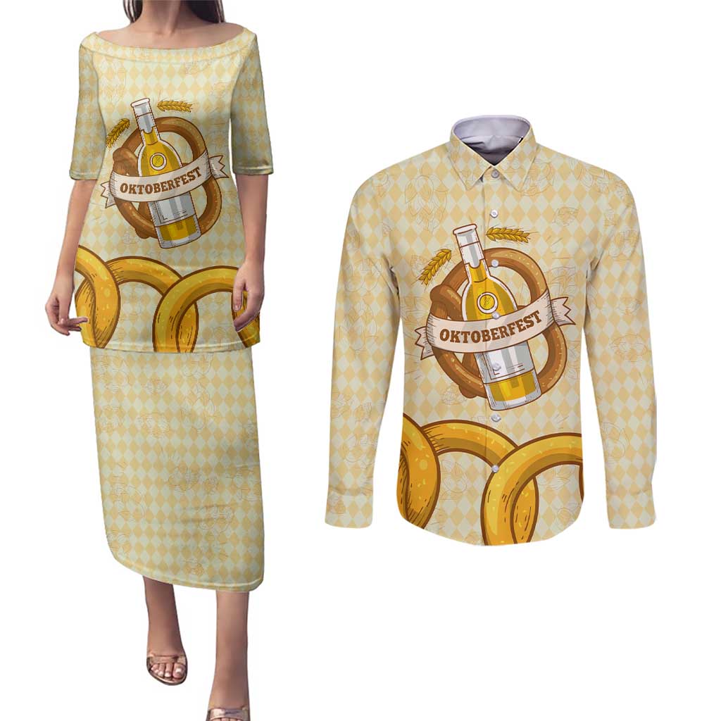 Oktoberfest Couples Matching Puletasi and Long Sleeve Button Shirt with Beer Bottle and Pretzel Illustration Beige Diamond - Wonder Print Shop