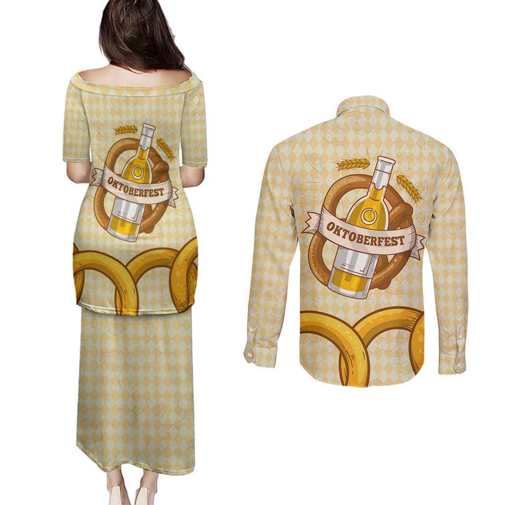 Oktoberfest Couples Matching Puletasi and Long Sleeve Button Shirt with Beer Bottle and Pretzel Illustration Beige Diamond - Wonder Print Shop