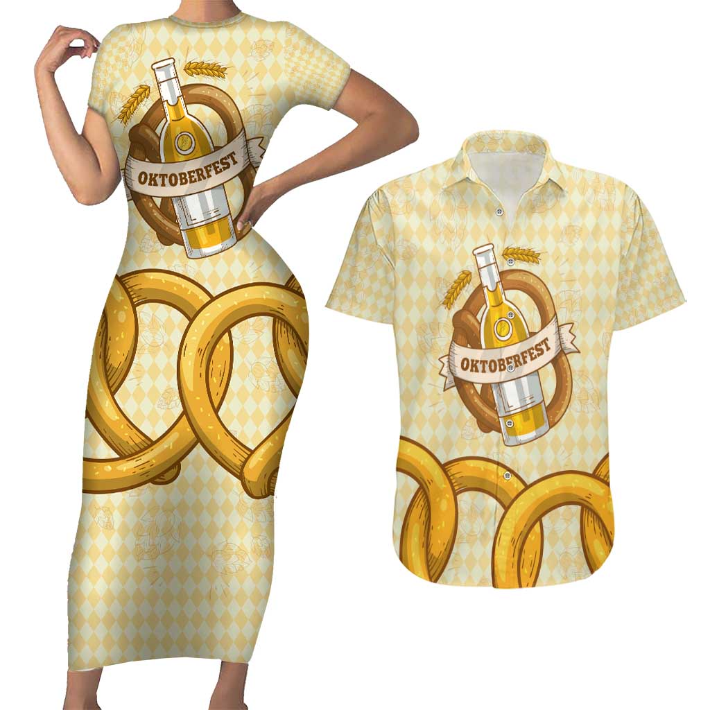 Oktoberfest Couples Matching Short Sleeve Bodycon Dress and Hawaiian Shirt with Beer Bottle and Pretzel Illustration Beige Diamond - Wonder Print Shop