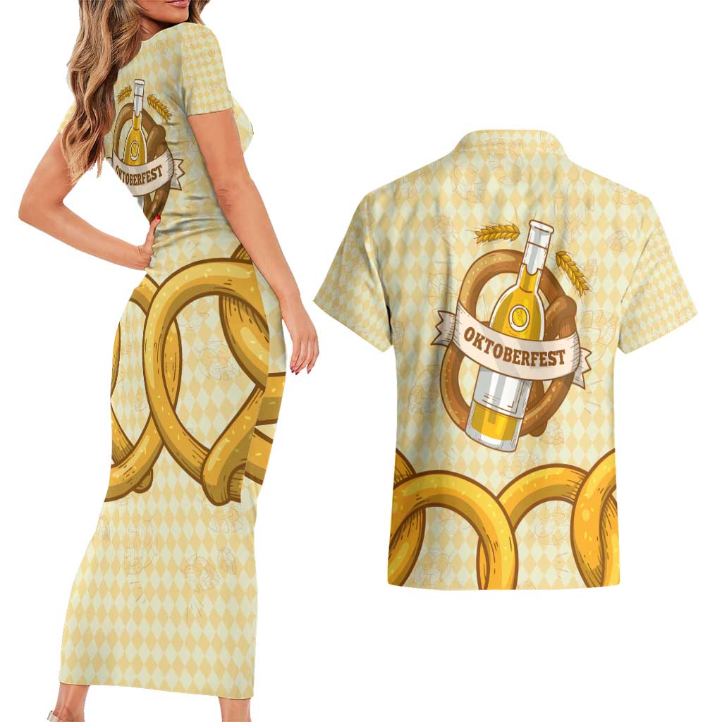 Oktoberfest Couples Matching Short Sleeve Bodycon Dress and Hawaiian Shirt with Beer Bottle and Pretzel Illustration Beige Diamond - Wonder Print Shop