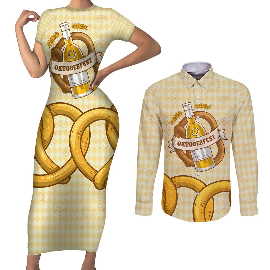 Oktoberfest Couples Matching Short Sleeve Bodycon Dress and Long Sleeve Button Shirt with Beer Bottle and Pretzel Illustration Beige Diamond - Wonder Print Shop
