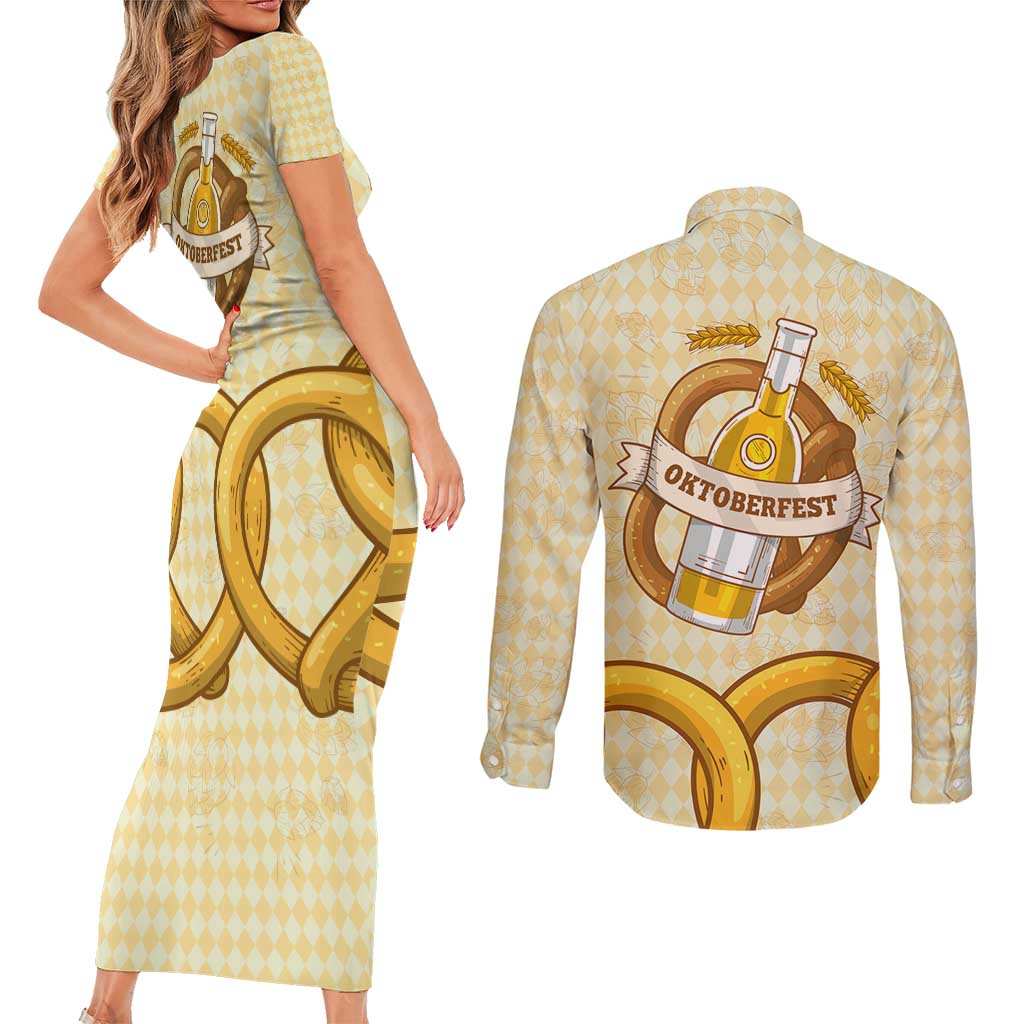 Oktoberfest Couples Matching Short Sleeve Bodycon Dress and Long Sleeve Button Shirt with Beer Bottle and Pretzel Illustration Beige Diamond - Wonder Print Shop