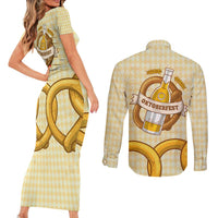 Oktoberfest Couples Matching Short Sleeve Bodycon Dress and Long Sleeve Button Shirt with Beer Bottle and Pretzel Illustration Beige Diamond - Wonder Print Shop