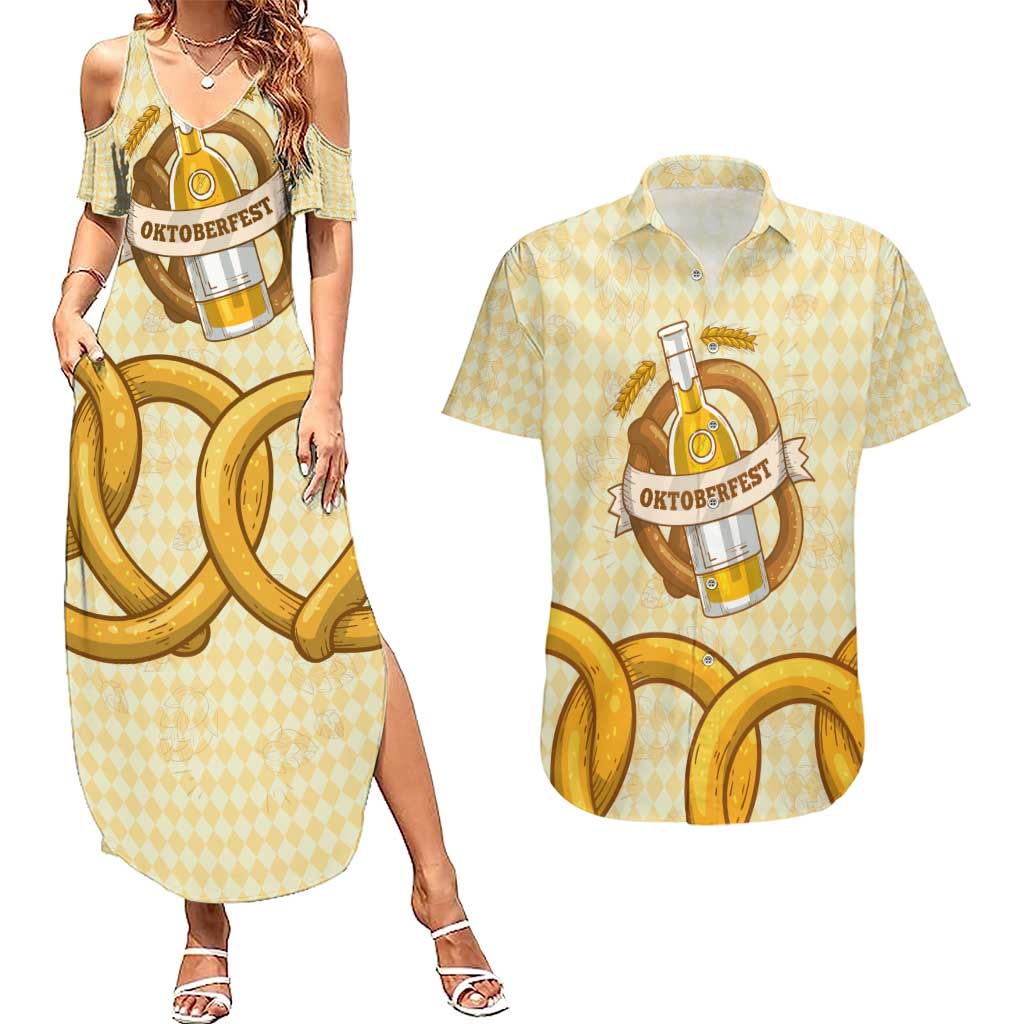 Oktoberfest Couples Matching Summer Maxi Dress and Hawaiian Shirt with Beer Bottle and Pretzel Illustration Beige Diamond - Wonder Print Shop