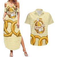Oktoberfest Couples Matching Summer Maxi Dress and Hawaiian Shirt with Beer Bottle and Pretzel Illustration Beige Diamond - Wonder Print Shop