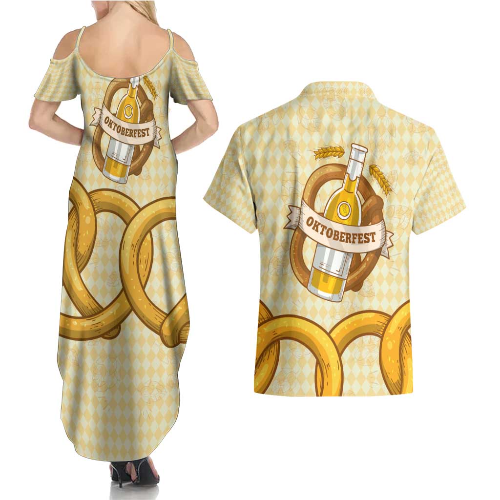 Oktoberfest Couples Matching Summer Maxi Dress and Hawaiian Shirt with Beer Bottle and Pretzel Illustration Beige Diamond - Wonder Print Shop