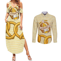 Oktoberfest Couples Matching Summer Maxi Dress and Long Sleeve Button Shirt with Beer Bottle and Pretzel Illustration Beige Diamond - Wonder Print Shop