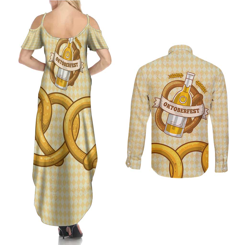 Oktoberfest Couples Matching Summer Maxi Dress and Long Sleeve Button Shirt with Beer Bottle and Pretzel Illustration Beige Diamond - Wonder Print Shop