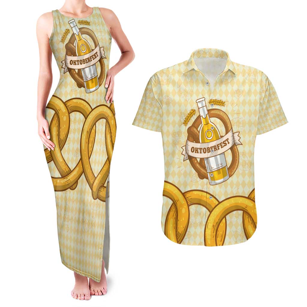 Oktoberfest Couples Matching Tank Maxi Dress and Hawaiian Shirt with Beer Bottle and Pretzel Illustration Beige Diamond - Wonder Print Shop
