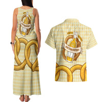 Oktoberfest Couples Matching Tank Maxi Dress and Hawaiian Shirt with Beer Bottle and Pretzel Illustration Beige Diamond - Wonder Print Shop
