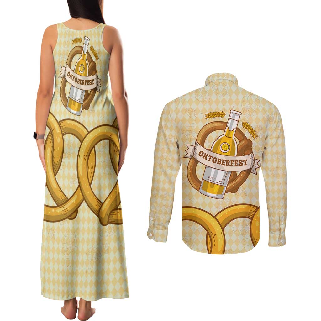 Oktoberfest Couples Matching Tank Maxi Dress and Long Sleeve Button Shirt with Beer Bottle and Pretzel Illustration Beige Diamond - Wonder Print Shop