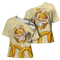 Oktoberfest Cross Shoulder Shirt with Beer Bottle and Pretzel Illustration Beige Diamond - Wonder Print Shop