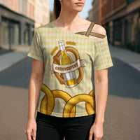Oktoberfest Cross Shoulder Shirt with Beer Bottle and Pretzel Illustration Beige Diamond - Wonder Print Shop