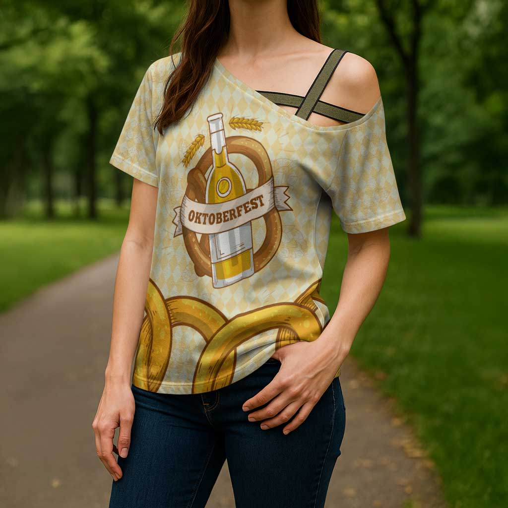 Oktoberfest Cross Shoulder Shirt with Beer Bottle and Pretzel Illustration Beige Diamond - Wonder Print Shop