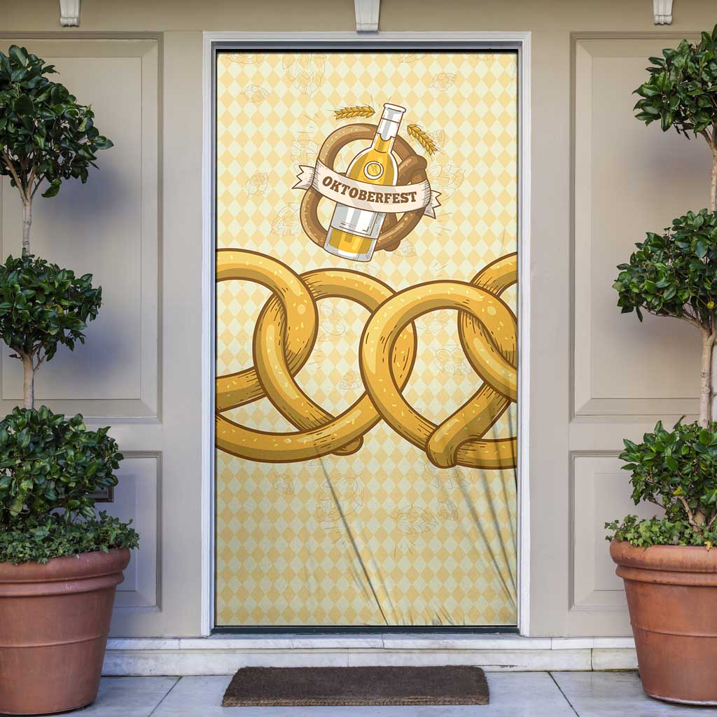 Oktoberfest Door Cover with Beer Bottle and Pretzel Illustration Beige Diamond - Wonder Print Shop