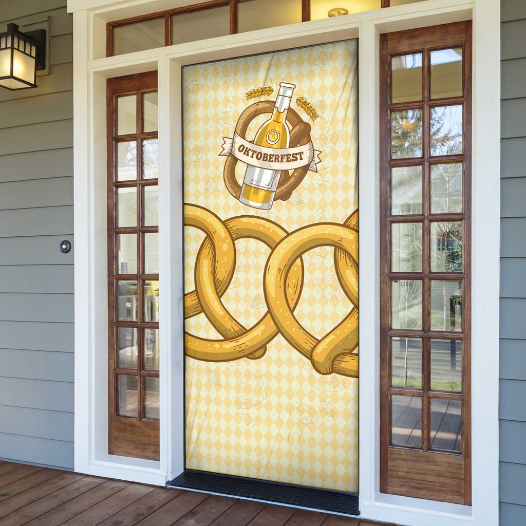 Oktoberfest Door Cover with Beer Bottle and Pretzel Illustration Beige Diamond - Wonder Print Shop