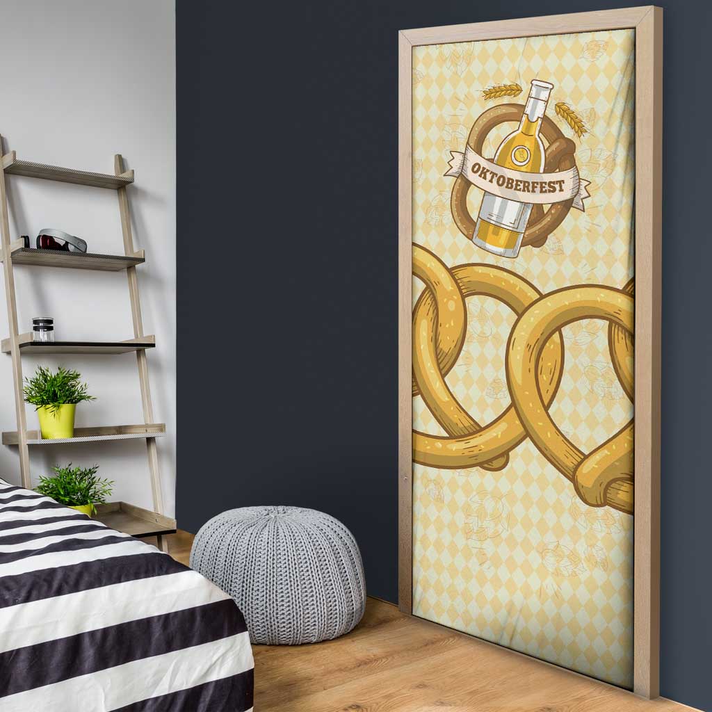 Oktoberfest Door Cover with Beer Bottle and Pretzel Illustration Beige Diamond - Wonder Print Shop
