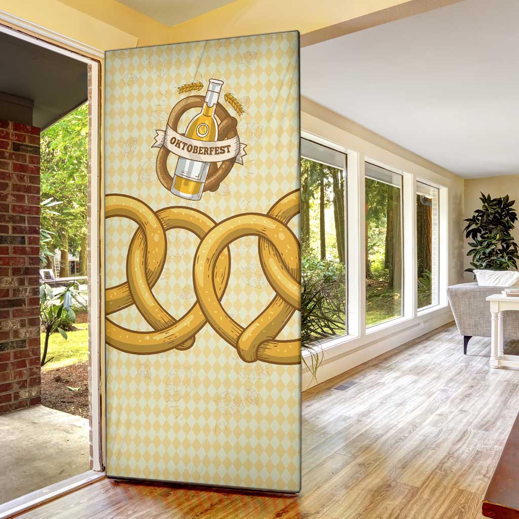 Oktoberfest Door Cover with Beer Bottle and Pretzel Illustration Beige Diamond - Wonder Print Shop
