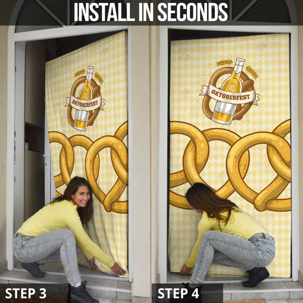 Oktoberfest Door Cover with Beer Bottle and Pretzel Illustration Beige Diamond - Wonder Print Shop