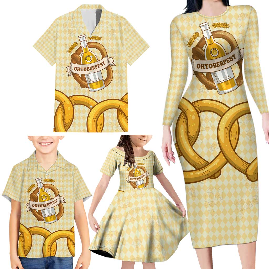 Oktoberfest Family Matching Long Sleeve Bodycon Dress and Hawaiian Shirt with Beer Bottle and Pretzel Illustration Beige Diamond - Wonder Print Shop