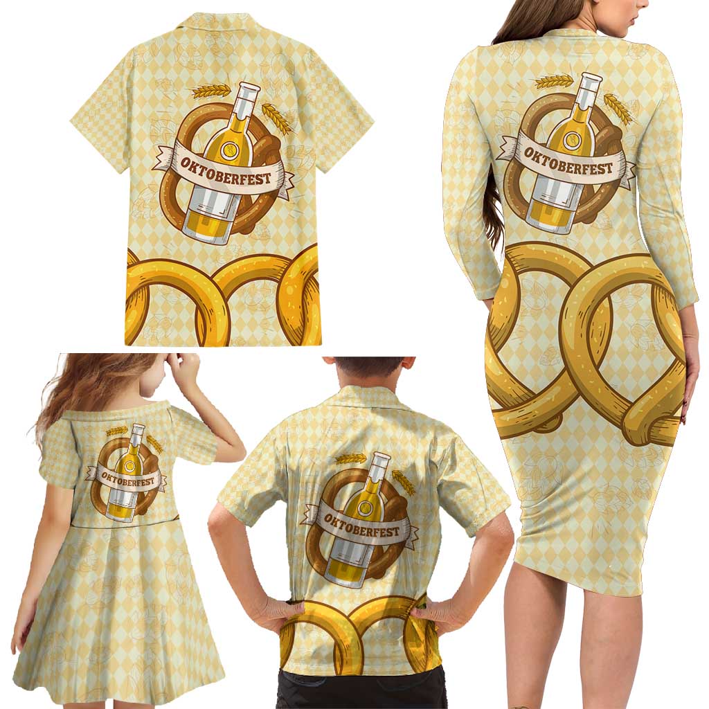 Oktoberfest Family Matching Long Sleeve Bodycon Dress and Hawaiian Shirt with Beer Bottle and Pretzel Illustration Beige Diamond - Wonder Print Shop