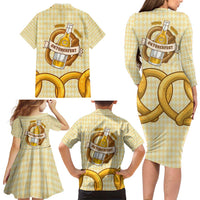 Oktoberfest Family Matching Long Sleeve Bodycon Dress and Hawaiian Shirt with Beer Bottle and Pretzel Illustration Beige Diamond - Wonder Print Shop