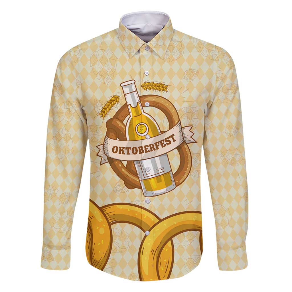Oktoberfest Family Matching Long Sleeve Bodycon Dress and Hawaiian Shirt with Beer Bottle and Pretzel Illustration Beige Diamond - Wonder Print Shop