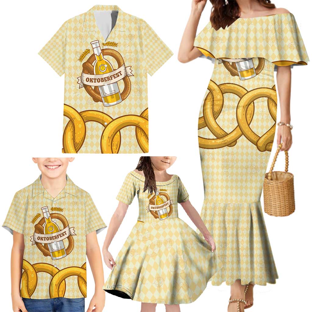 Oktoberfest Family Matching Mermaid Dress and Hawaiian Shirt with Beer Bottle and Pretzel Illustration Beige Diamond - Wonder Print Shop