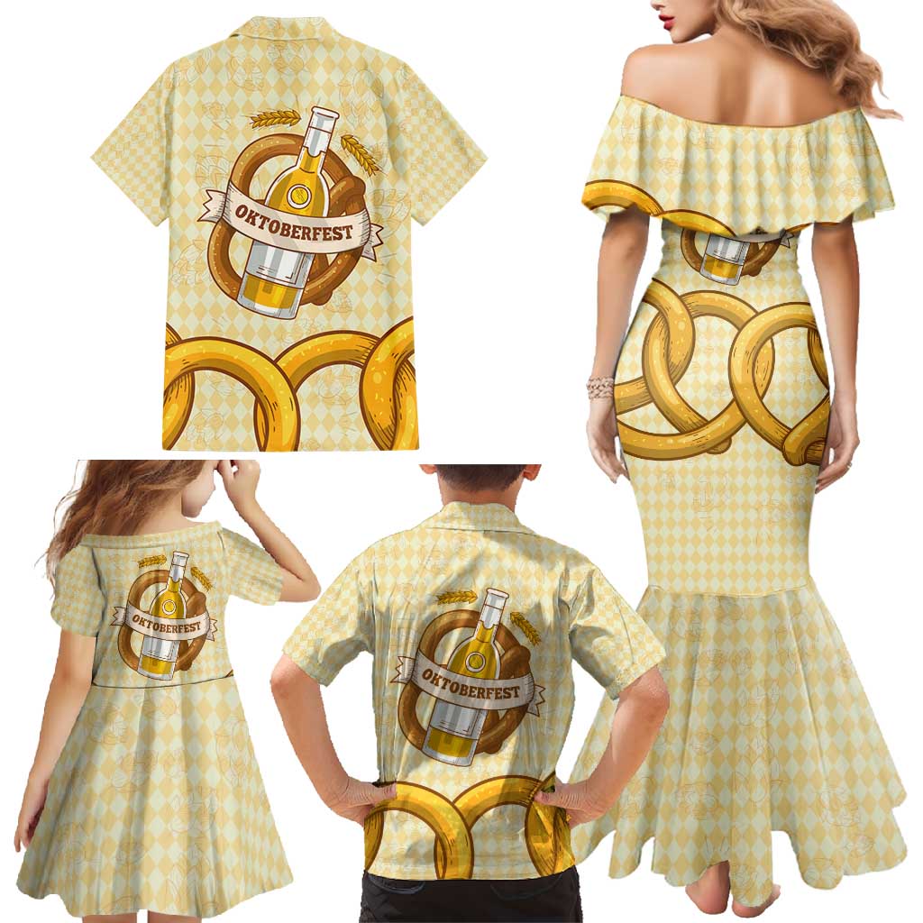 Oktoberfest Family Matching Mermaid Dress and Hawaiian Shirt with Beer Bottle and Pretzel Illustration Beige Diamond - Wonder Print Shop