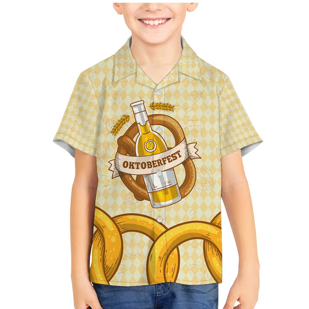 Oktoberfest Family Matching Mermaid Dress and Hawaiian Shirt with Beer Bottle and Pretzel Illustration Beige Diamond - Wonder Print Shop