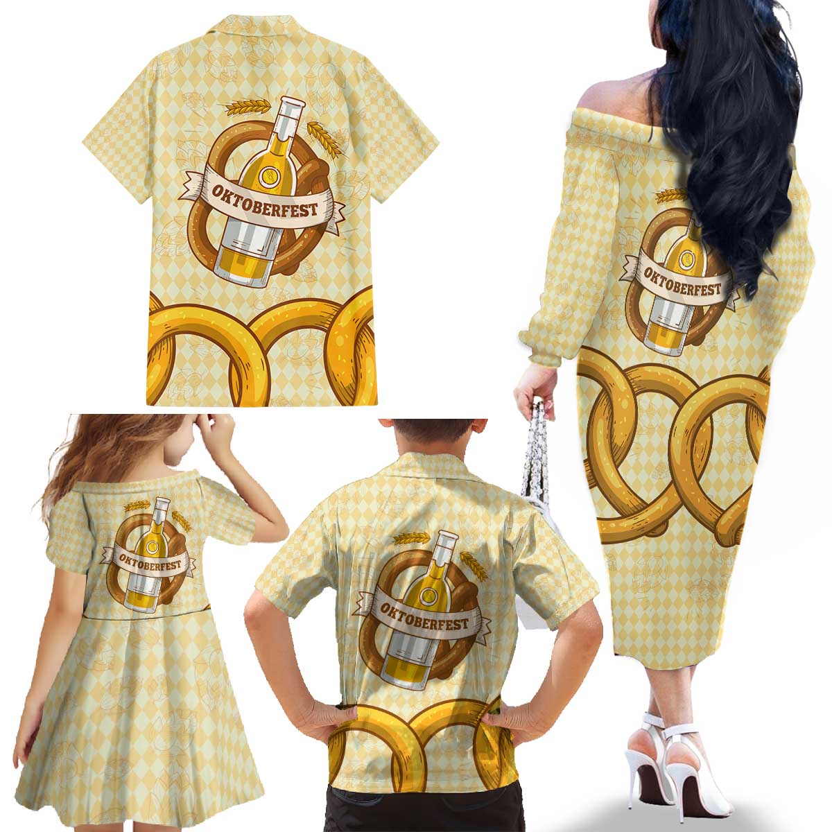 Oktoberfest Family Matching Off The Shoulder Long Sleeve Dress and Hawaiian Shirt with Beer Bottle and Pretzel Illustration Beige Diamond - Wonder Print Shop