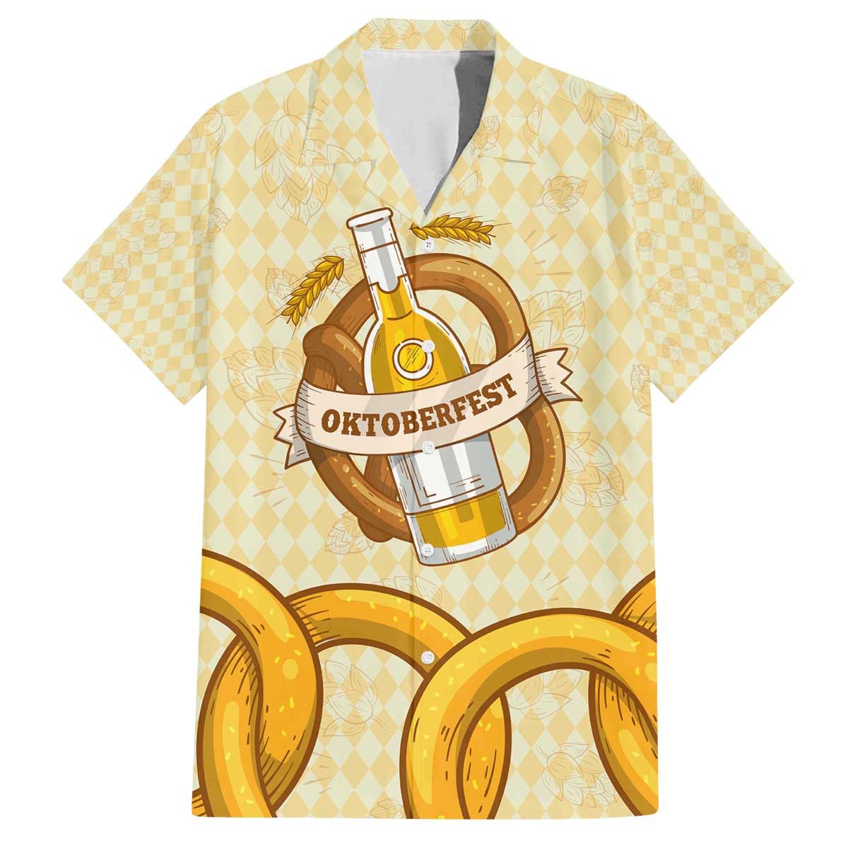 Oktoberfest Family Matching Off The Shoulder Long Sleeve Dress and Hawaiian Shirt with Beer Bottle and Pretzel Illustration Beige Diamond - Wonder Print Shop