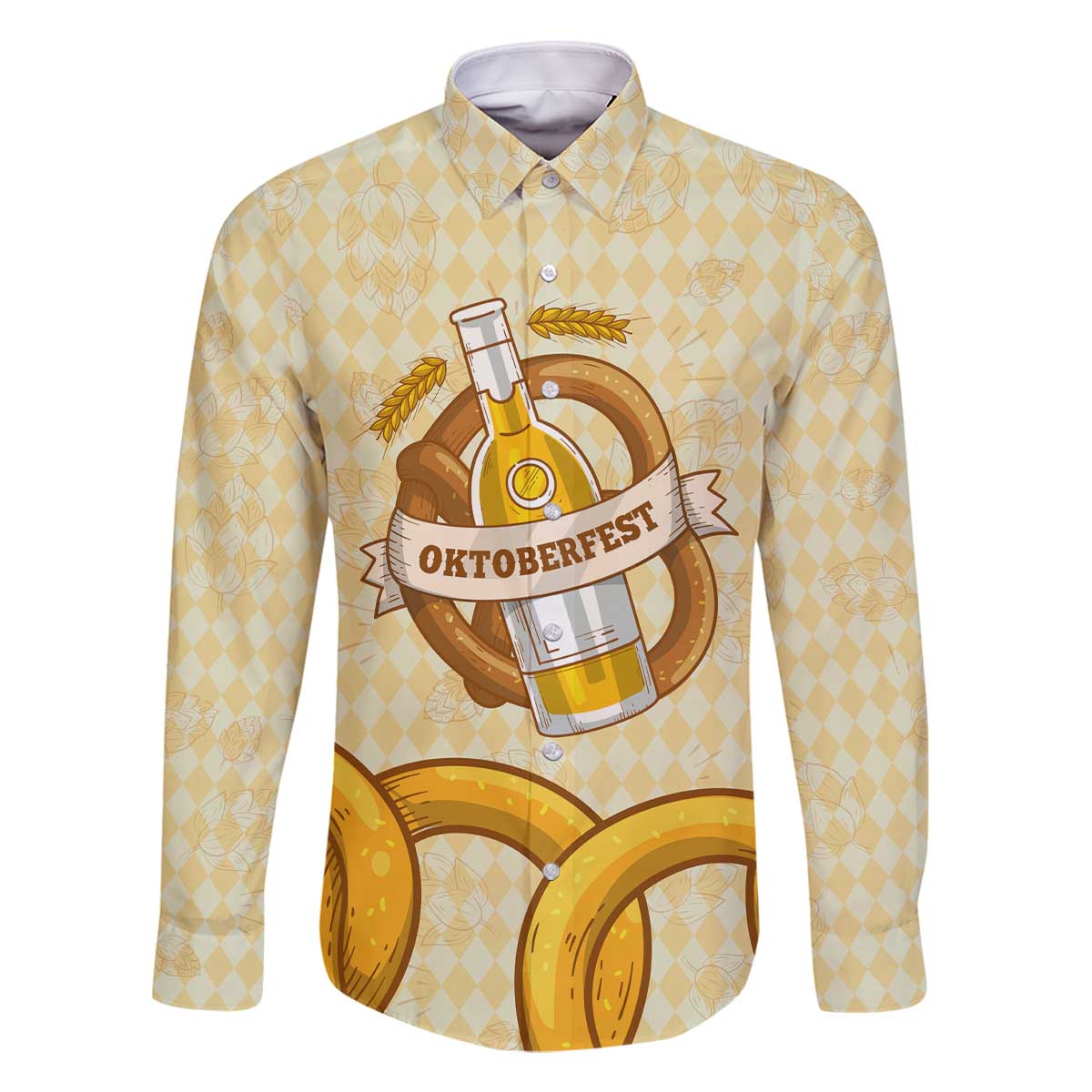 Oktoberfest Family Matching Off The Shoulder Long Sleeve Dress and Hawaiian Shirt with Beer Bottle and Pretzel Illustration Beige Diamond - Wonder Print Shop