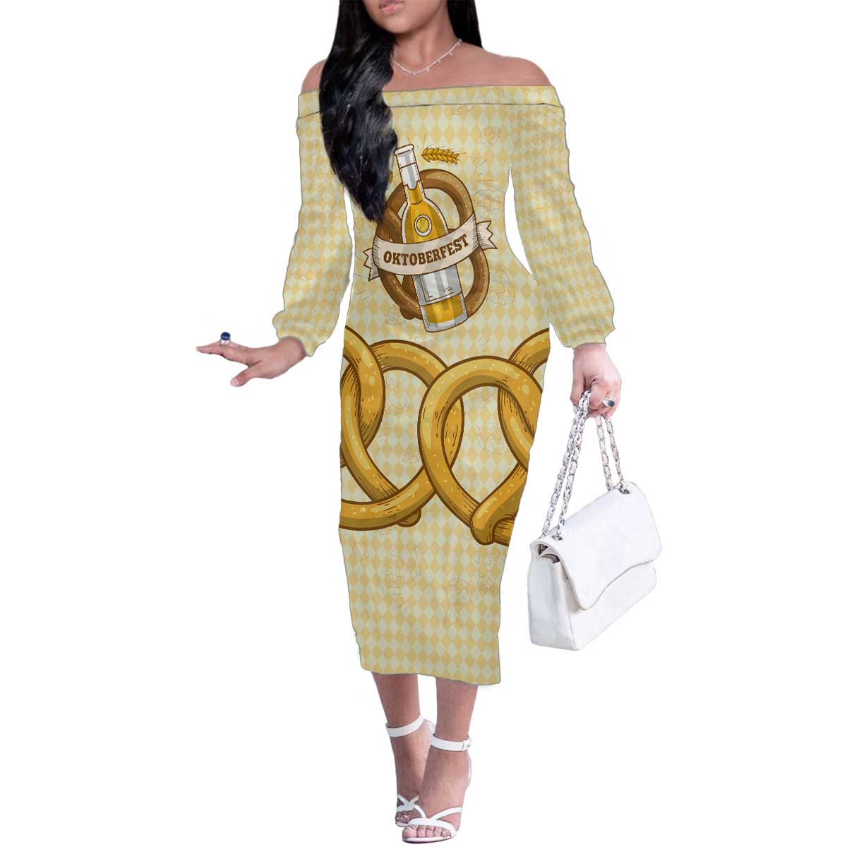 Oktoberfest Family Matching Off The Shoulder Long Sleeve Dress and Hawaiian Shirt with Beer Bottle and Pretzel Illustration Beige Diamond - Wonder Print Shop