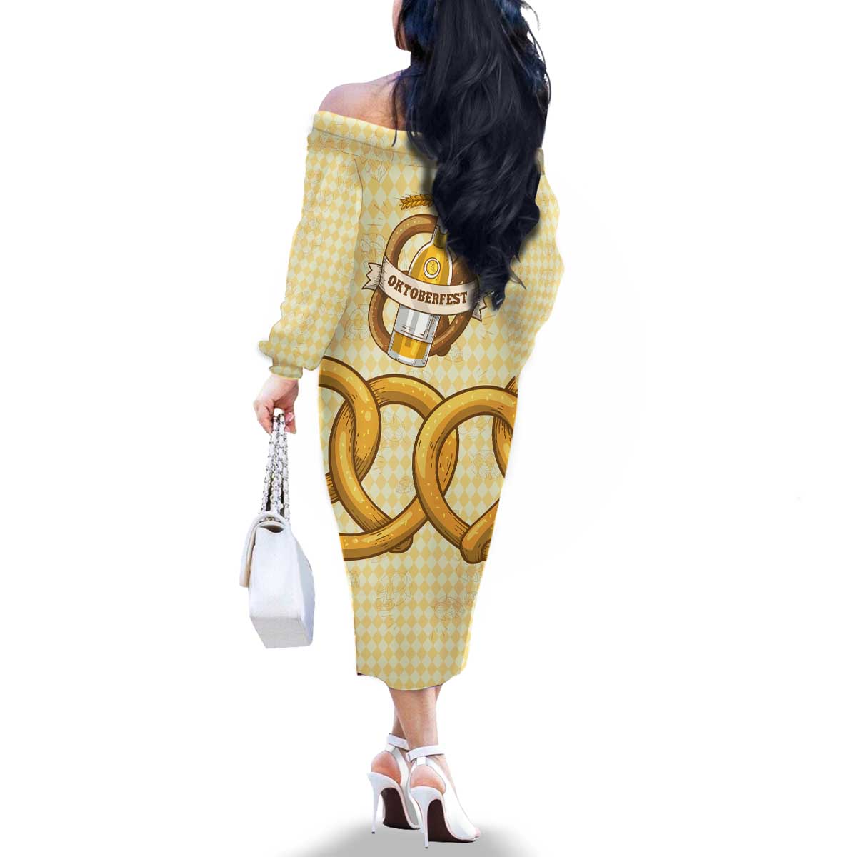 Oktoberfest Family Matching Off The Shoulder Long Sleeve Dress and Hawaiian Shirt with Beer Bottle and Pretzel Illustration Beige Diamond - Wonder Print Shop