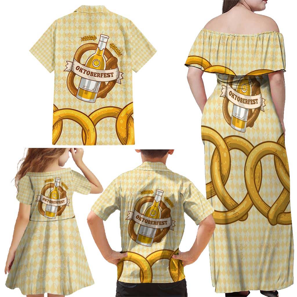 Oktoberfest Family Matching Off Shoulder Maxi Dress and Hawaiian Shirt with Beer Bottle and Pretzel Illustration Beige Diamond - Wonder Print Shop