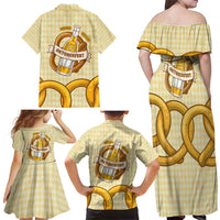 Oktoberfest Family Matching Off Shoulder Maxi Dress and Hawaiian Shirt with Beer Bottle and Pretzel Illustration Beige Diamond - Wonder Print Shop