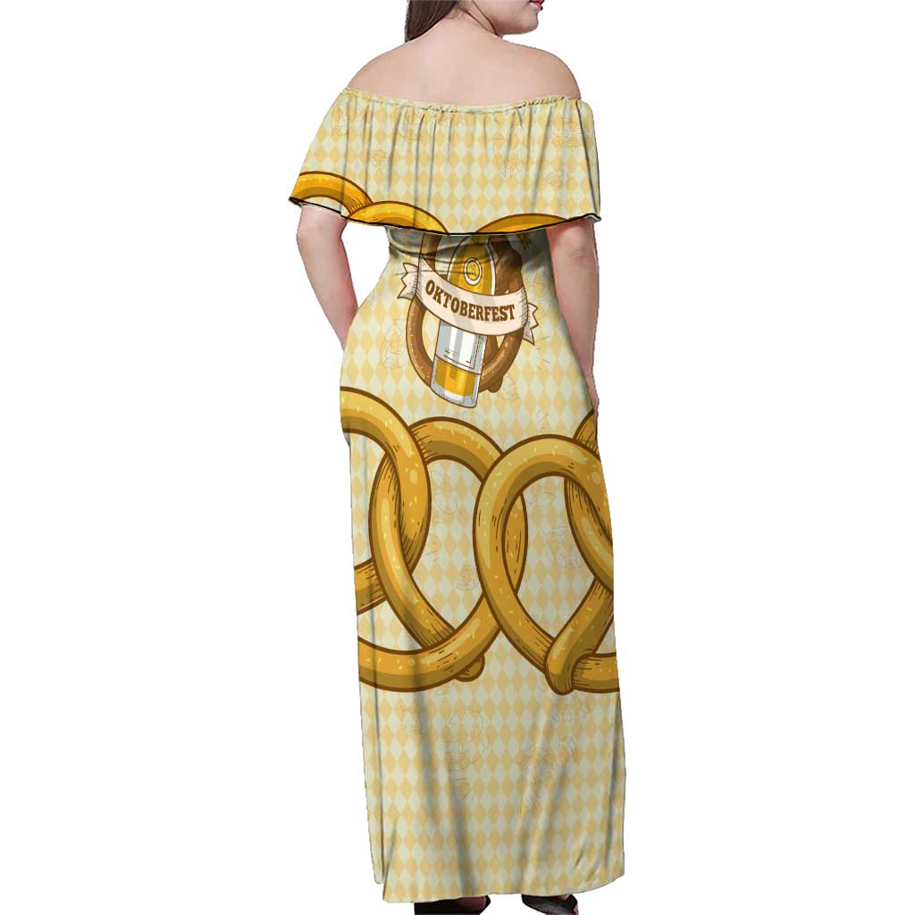 Oktoberfest Family Matching Off Shoulder Maxi Dress and Hawaiian Shirt with Beer Bottle and Pretzel Illustration Beige Diamond - Wonder Print Shop