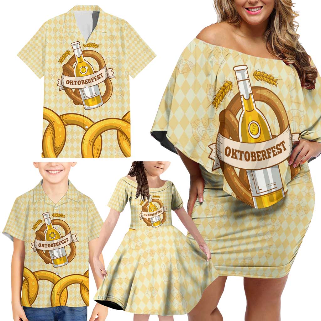 Oktoberfest Family Matching Off Shoulder Short Dress and Hawaiian Shirt with Beer Bottle and Pretzel Illustration Beige Diamond - Wonder Print Shop